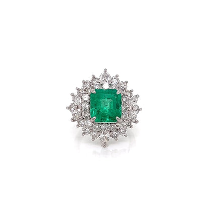 5.48 Total Carat Emerald and Diamond Halo Prong-Set Ladies Ring
