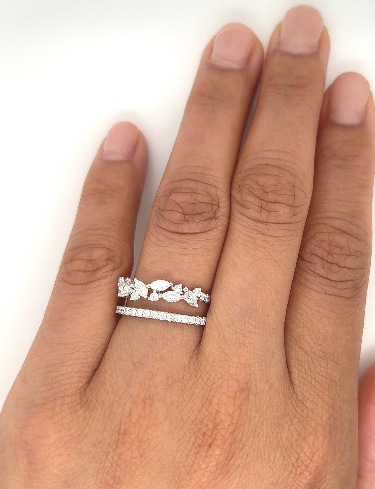 0.88 Total Carat Double Shank White-Gold Mixed Cut Diamond Ring