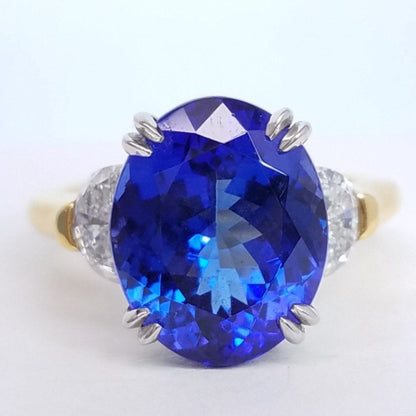 7.41 Total Carat Tanzanite and Diamond Three Stone Ladies Ring