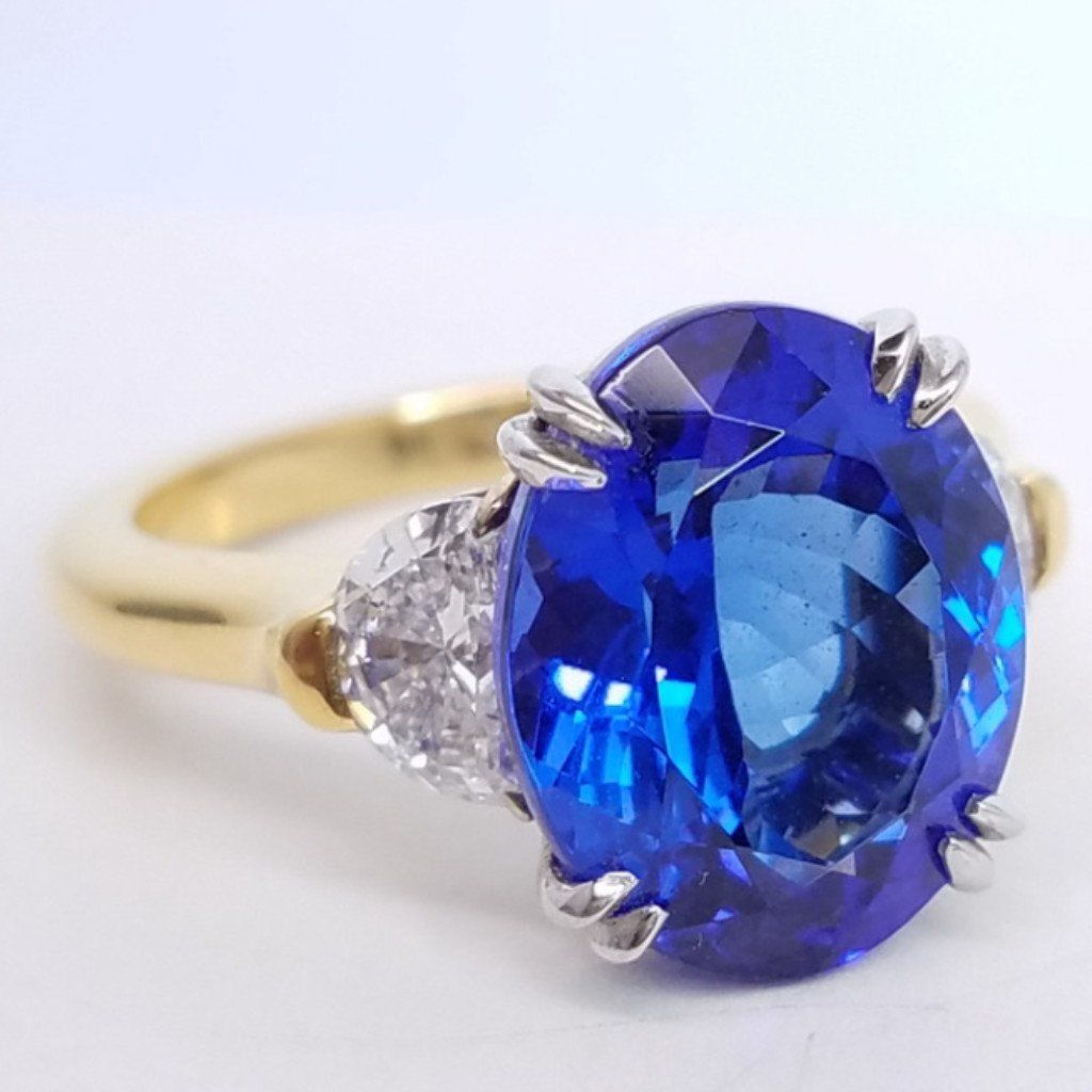 7.41 Total Carat Tanzanite and Diamond Three Stone Ladies Ring