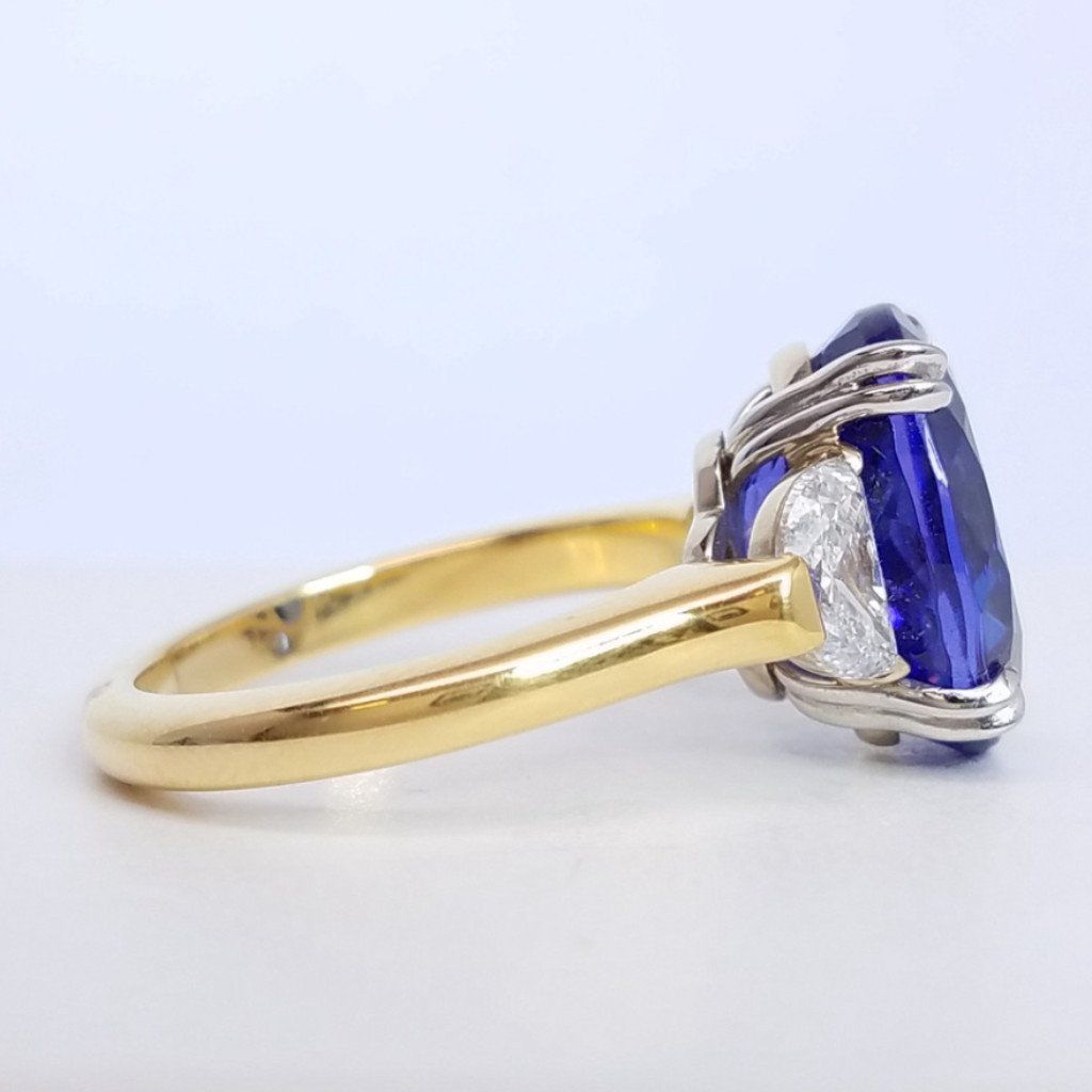 7.41 Total Carat Tanzanite and Diamond Three Stone Ladies Ring