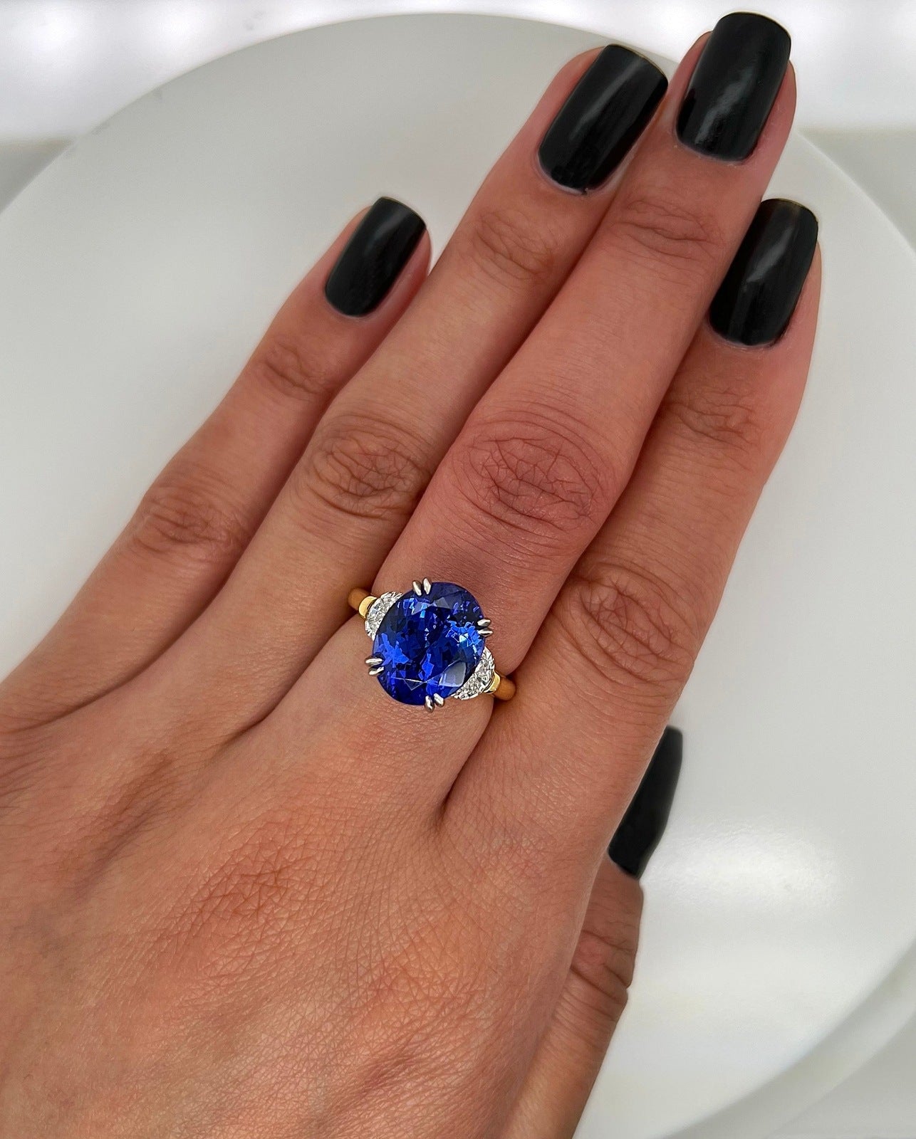 7.41 Total Carat Tanzanite and Diamond Three Stone Ladies Ring
