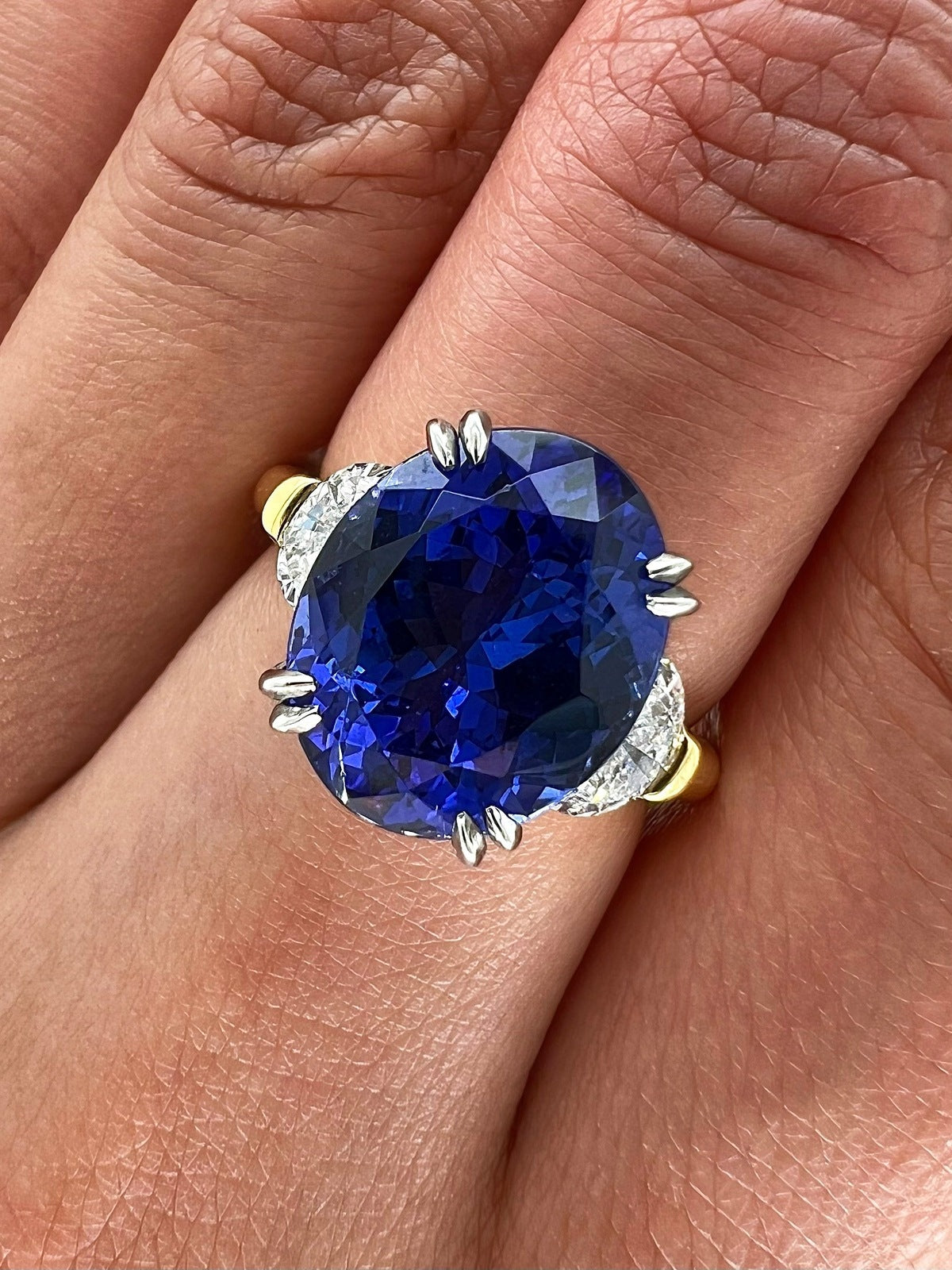 7.41 Total Carat Tanzanite and Diamond Three Stone Ladies Ring