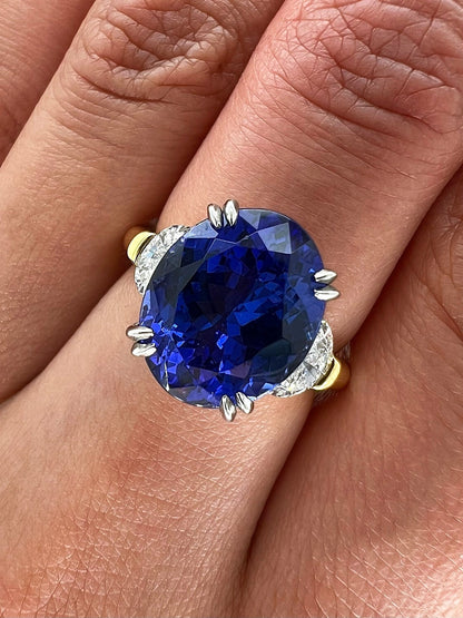 7.41 Total Carat Tanzanite and Diamond Three Stone Ladies Ring