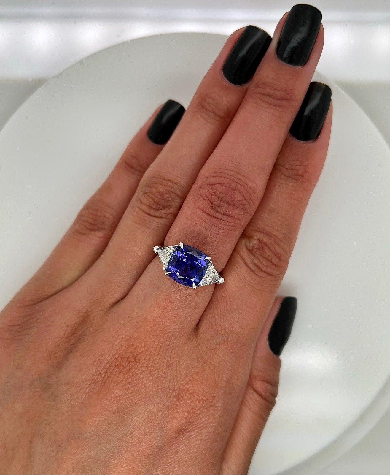 5.18 Total Carat Tanzanite and Diamond Three Stone Ladies Ring