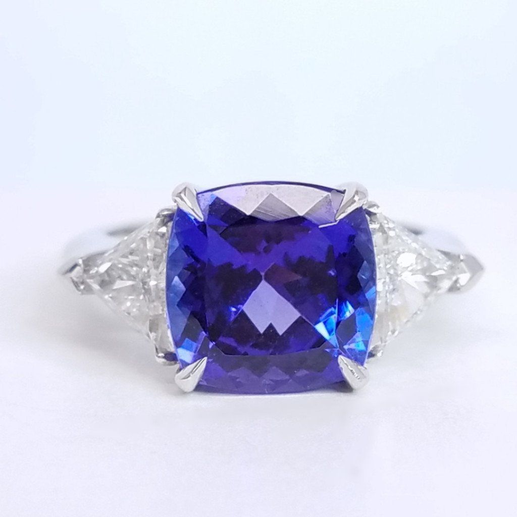 5.18 Total Carat Tanzanite and Diamond Three Stone Ladies Ring