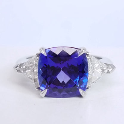 5.18 Total Carat Tanzanite and Diamond Three Stone Ladies Ring