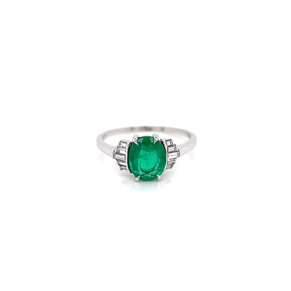1.58 Total Carat Platinum Vintage Oval Shape Emerald Ladies Diamond Ring, GIA
