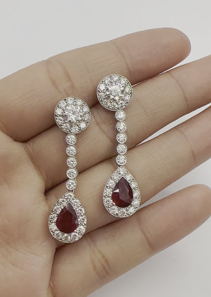 4.94 Total Carat Ruby and Diamond Drop Earrings in Platinum