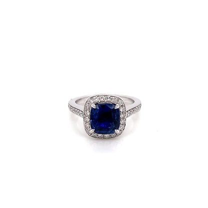 3.09 Total Carat Cushion Sapphire and Diamond Halo Pave-Set Ladies Ring GIA