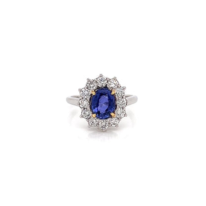 2.76 Total Carat Sapphire and Diamond Halo Ladies Engagement Ring GIA
