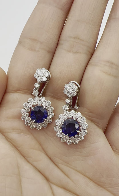 5.71 Total Carat Blue Sapphire Drop Earrings with Bezel set Double-Halo Diamond in 18K White Gold