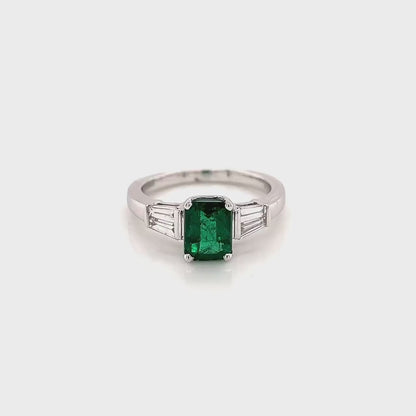 2.17 Total Carat Green Emerald Ladies Three Stone Ring, GIA