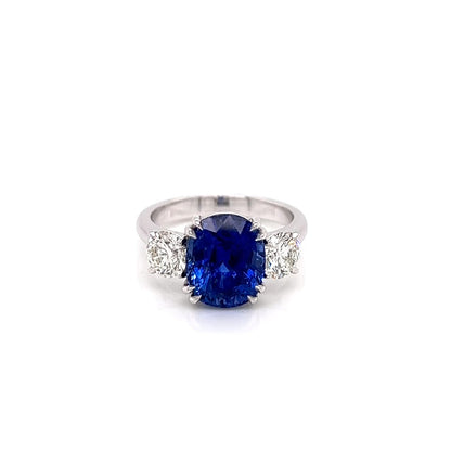 6.14 Total Carat Sapphire and Diamond Three Stone Ladies Ring, GIA Certified