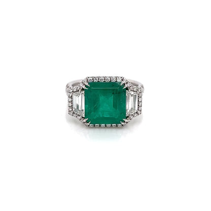 4.46 Total Carat Emerald and Diamond Halo Ladies Ring. GIA Certified.