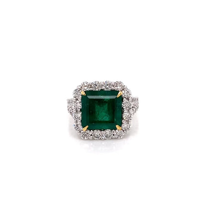 5.95 Total Carat Green Emerald Diamond Halo Ladies Ring