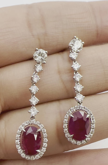 5.21 Total Carat Ruby and Diamond Drop Earrings in 18K White Gold