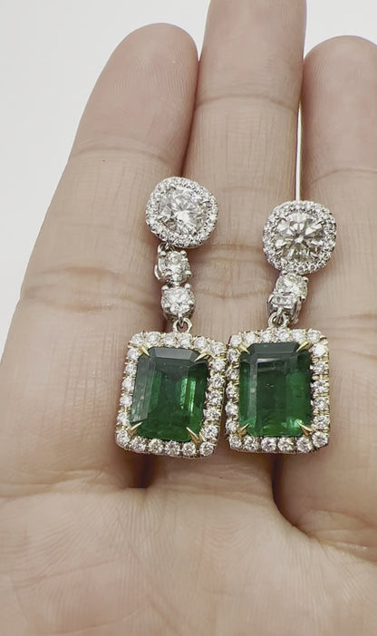 8.47 Total Carat Emerald and Diamond Drop Earrings in 18K White Gold