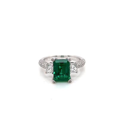 4.46 Total Carat Emerald and Diamond Three Stone Pave Set Engagement Ring, GIA
