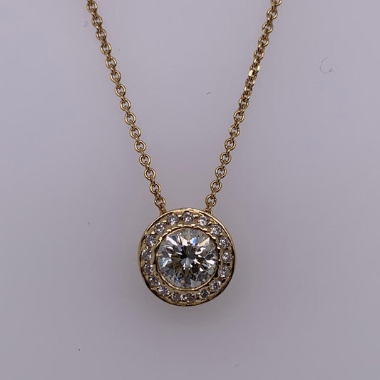 "PEND01203" 18K Yellow Gold One Carat Diamond Pendant With Diamond Halo