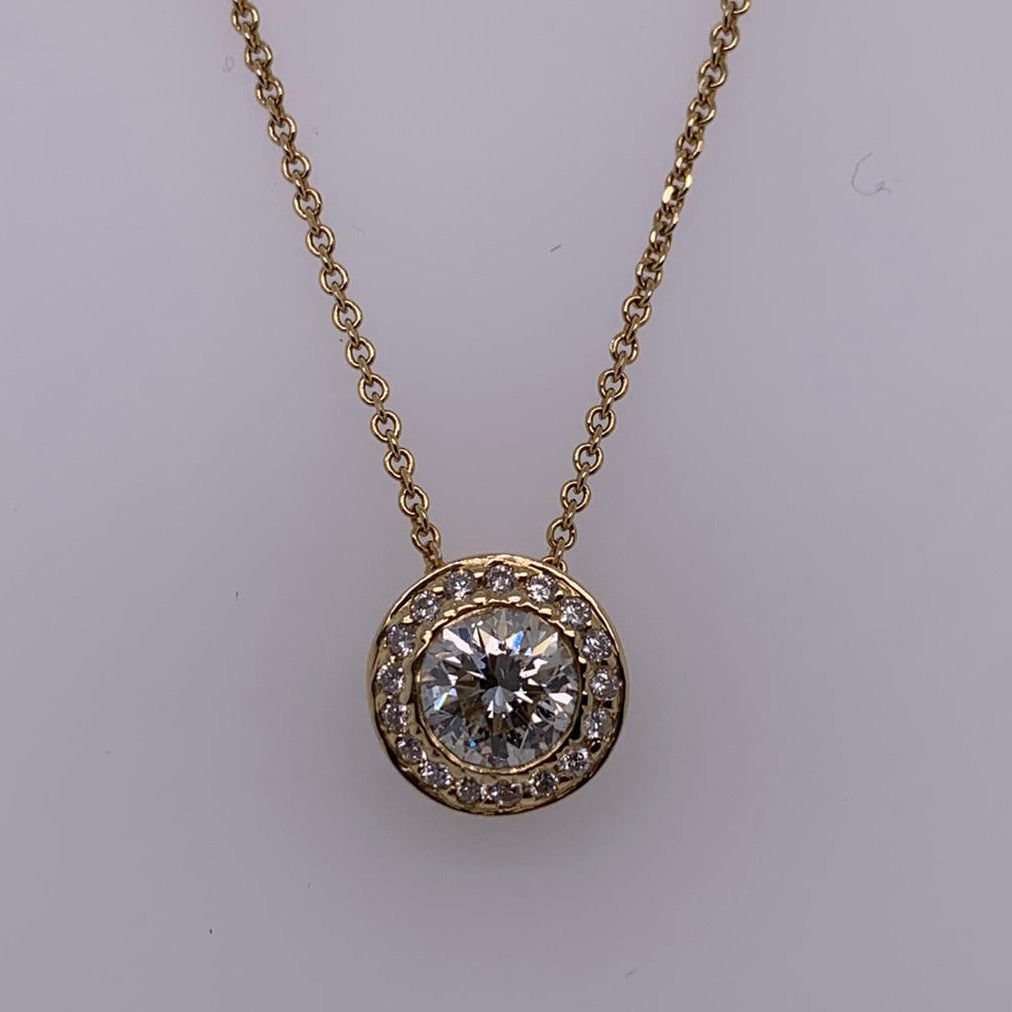 "PEND01203" 18K Yellow Gold One Carat Diamond Pendant With Diamond Halo