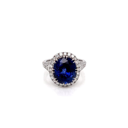 7.50 Total Carat Sapphire and Diamond Halo Pave-Set Ladies Ring, GIA Certified