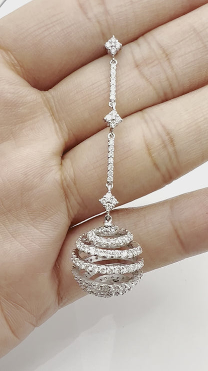 3.92 Carat Round Spiral Dangle Earrings in 18K White Gold