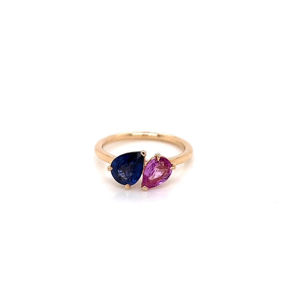 1.99 Total Carat Mismatched Pear Shaped Sapphire Two-Stone Ring in 14K Yellow Gold