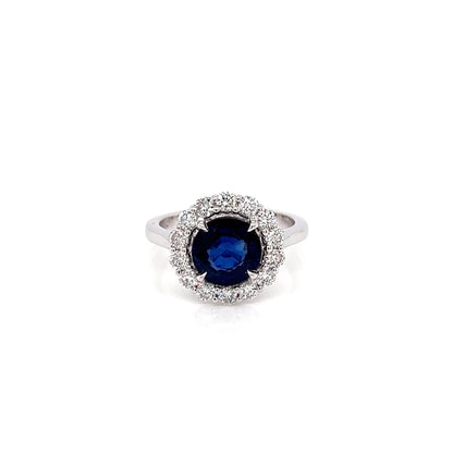 3.08 Total Carat Blue Round Sapphire and Diamond Halo Ladies Engagement Ring