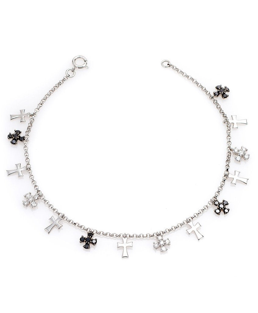 "BR0260U" Cross White & Black Diamond Bracelet in 18K White Gold