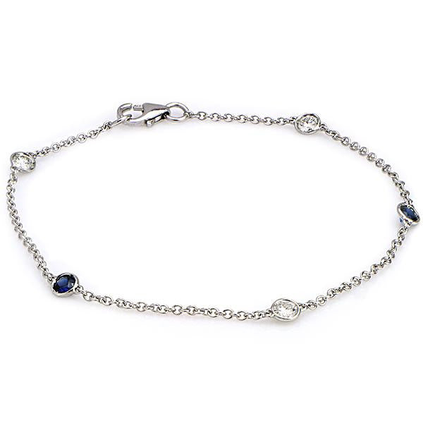 "BRAC01211" Diamond And Blue Sapphire Bezel Bracelet In 18k White Gold