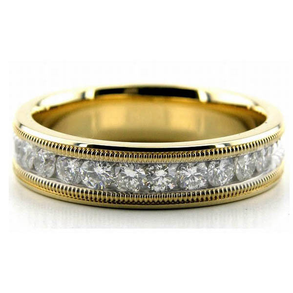 "DBAND01533" Channel Set Diamond Yellow Gold Band with Milgrain