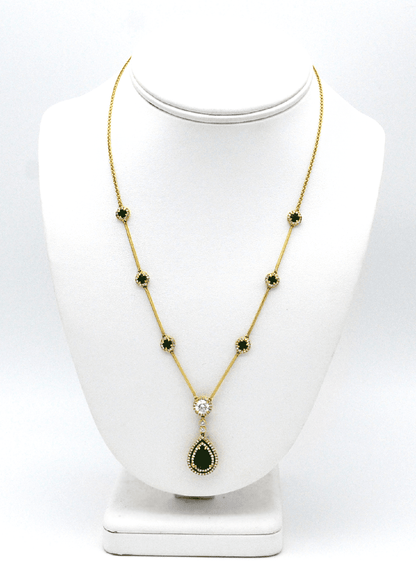 "PEND01395" Emerald and Diamond Teardrop Necklace in Yellow Gold