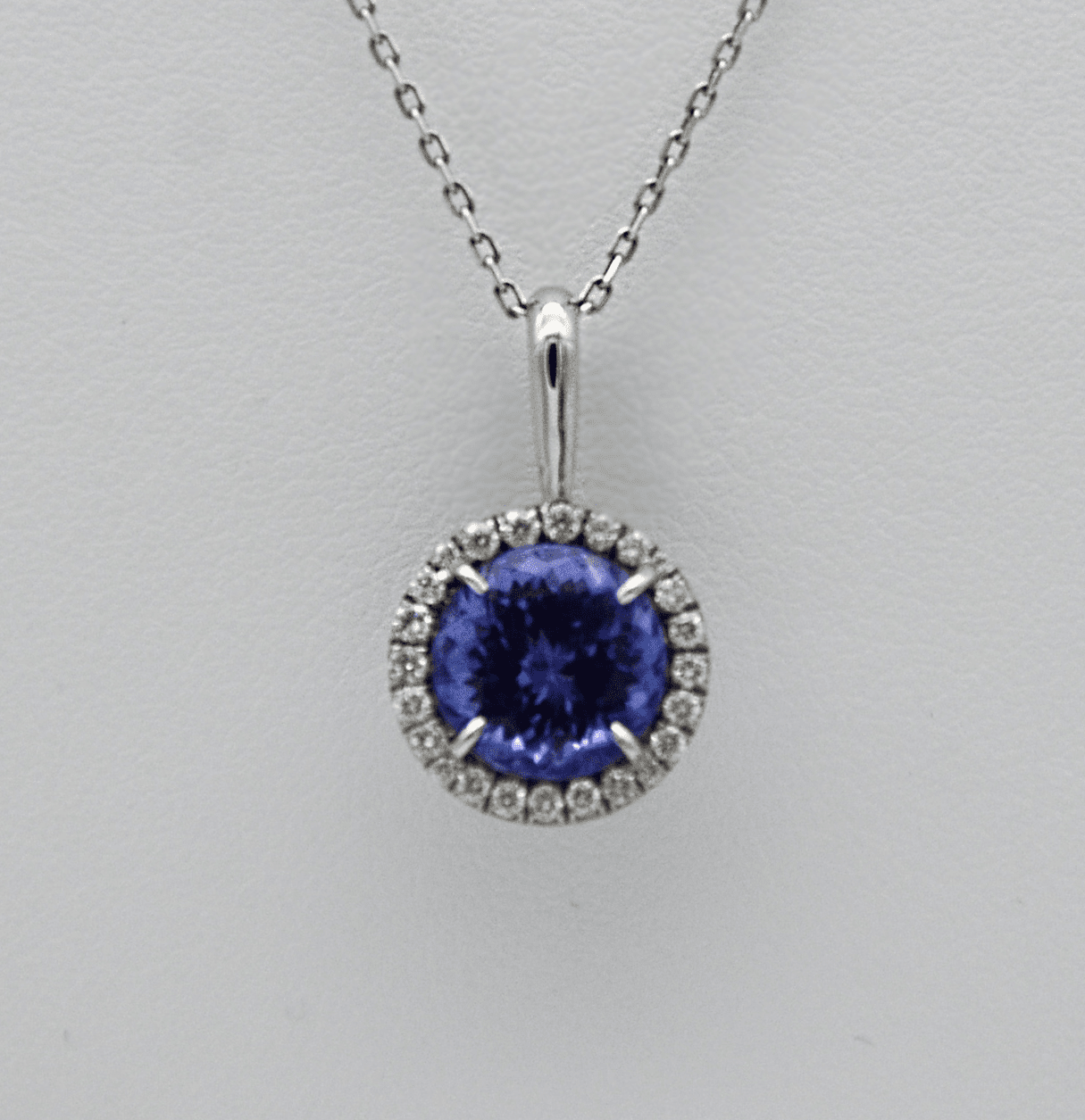 "PEND01225" Tanzanite Pendant with Diamond Halo 18K White Gold