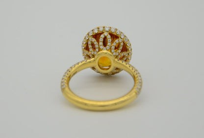 9.28 Total Carat Orange Sapphire and Diamond Halo Ladies Ring. GIA Certified.