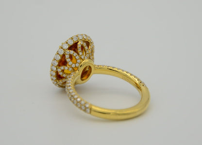 9.28 Total Carat Orange Sapphire and Diamond Halo Ladies Ring. GIA Certified.