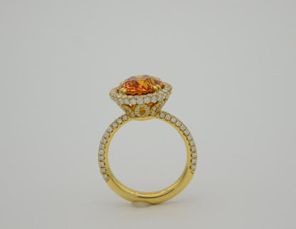 9.28 Total Carat Orange Sapphire and Diamond Halo Ladies Ring. GIA Certified.