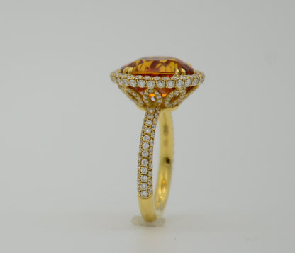 9.28 Total Carat Orange Sapphire and Diamond Halo Ladies Ring. GIA Certified.