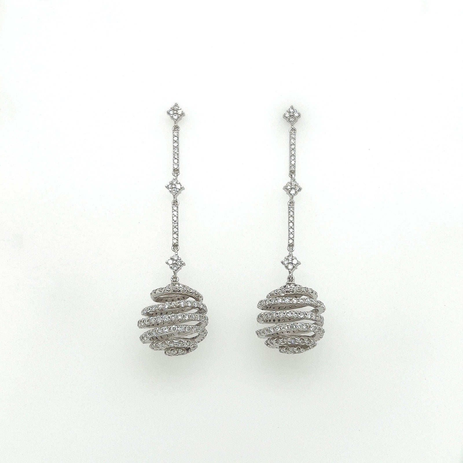 3.92 Carat Round Spiral Dangle Earrings in 18K White Gold