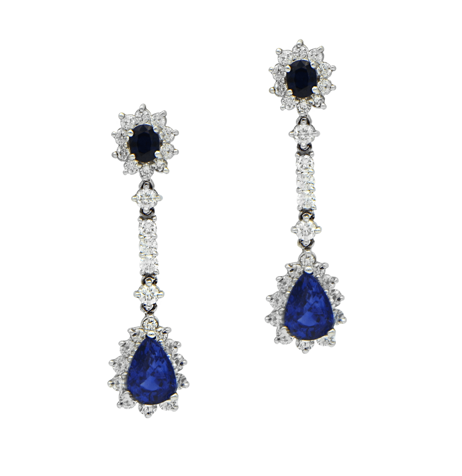 "EARR00333" Blue Sapphire with Diamond Pave Halo Drop Dangle Earrings