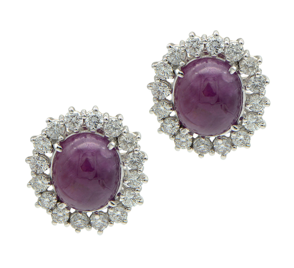 Cabochon Ruby Earrings with Diamond Halo