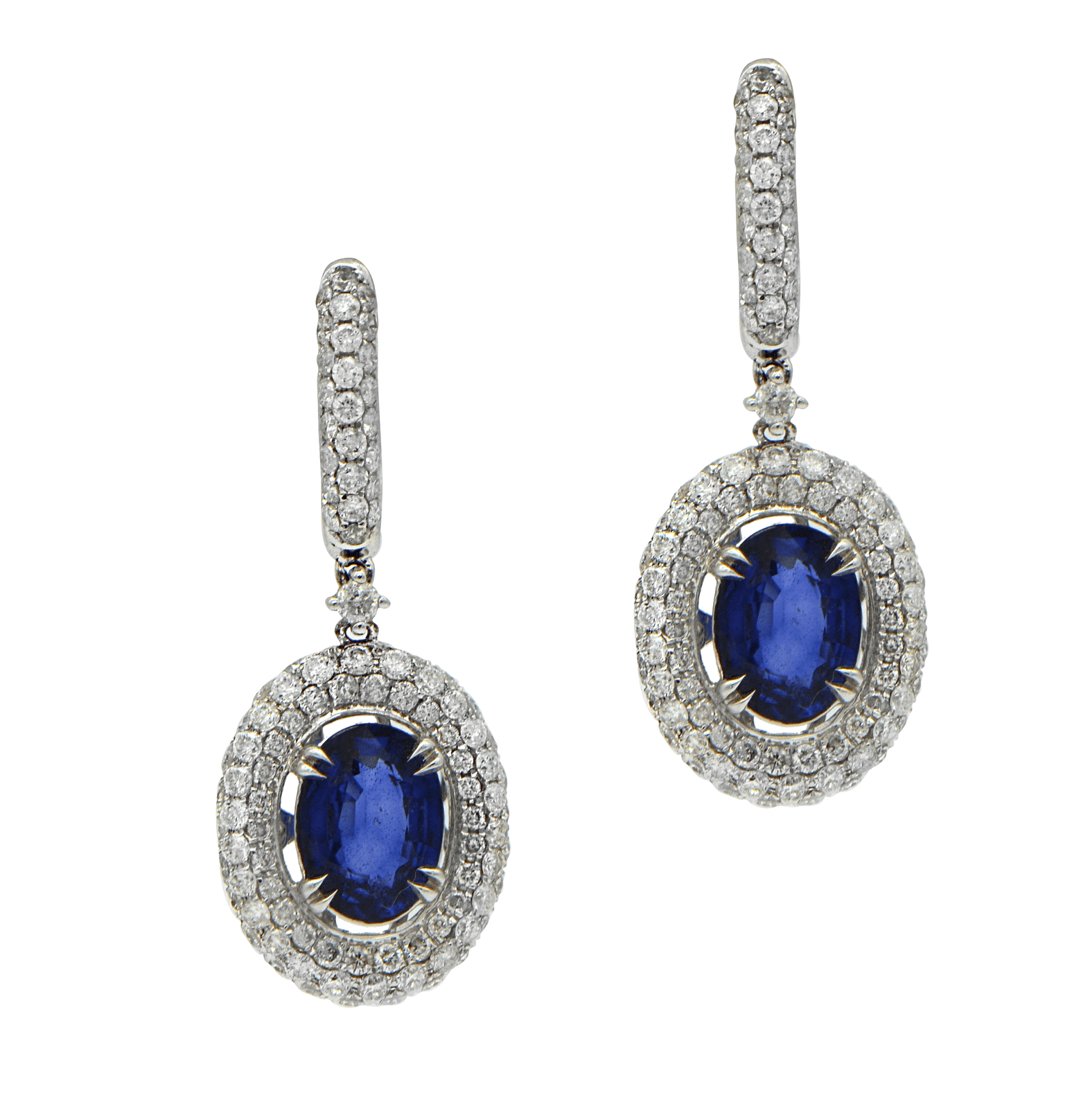 5.01 Total Carat Blue Sapphire Dangle Earrings with Pave Diamond Halo in 18K White Gold