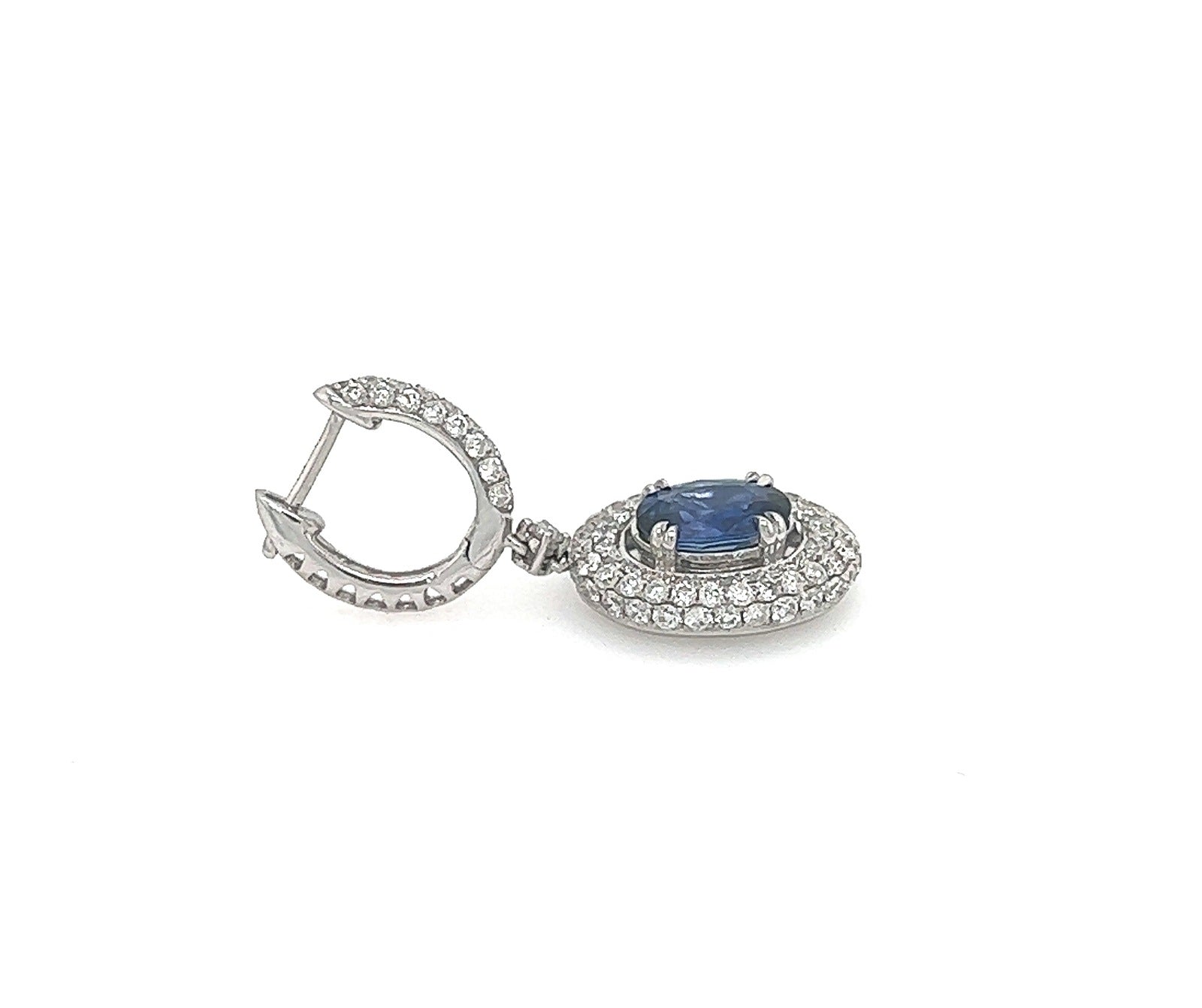 5.01 Total Carat Blue Sapphire Dangle Earrings with Pave Diamond Halo in 18K White Gold
