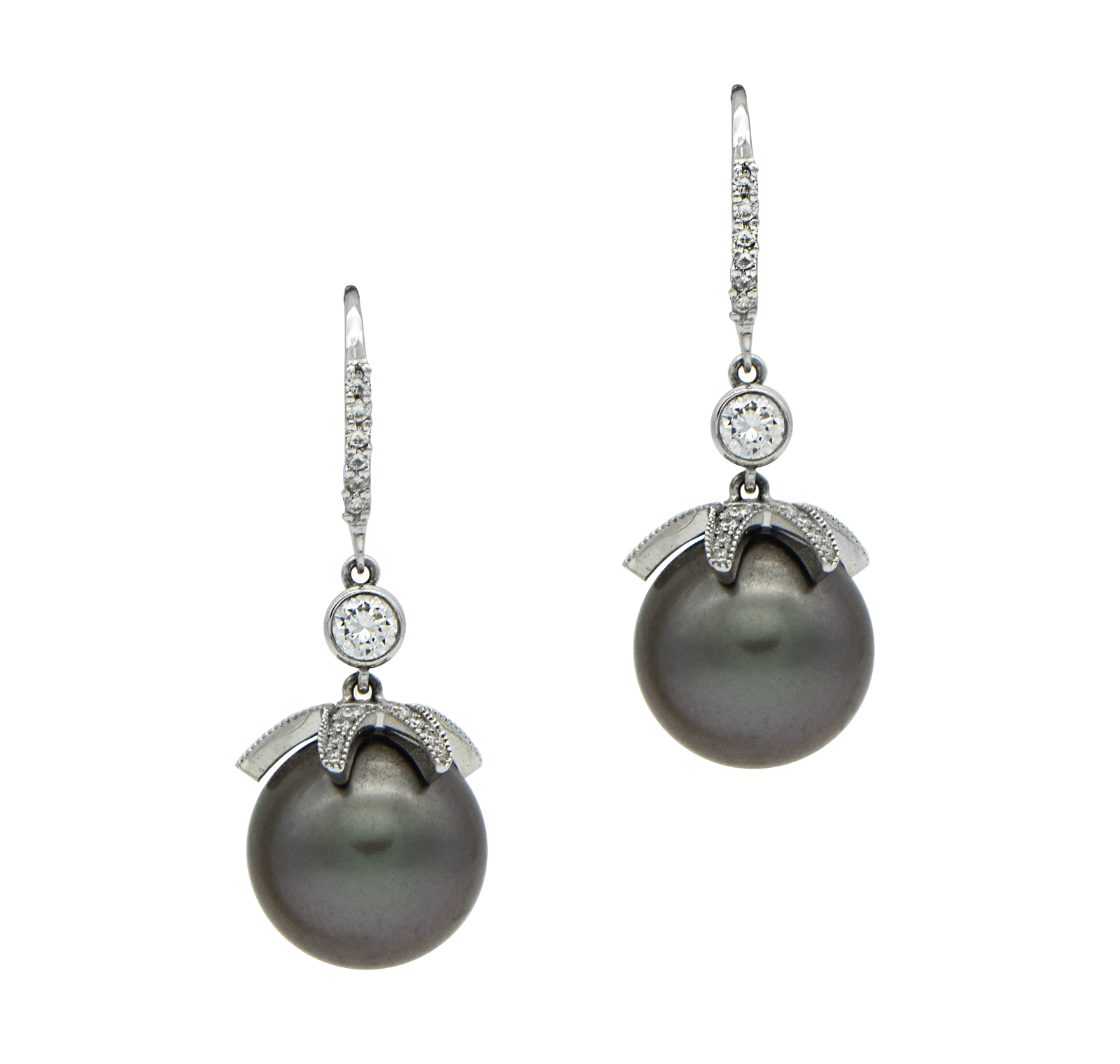 "EARR00899" Diamond Tahitian Pearl Drop Earrings - 18K White Gold