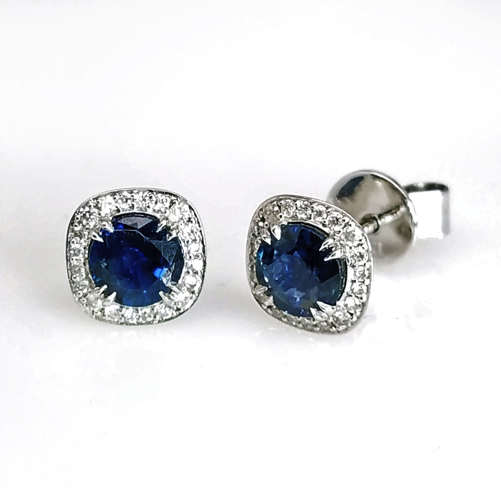 "EARR00908" Handmade Halo Set Sapphire Diamond Stud Earrings