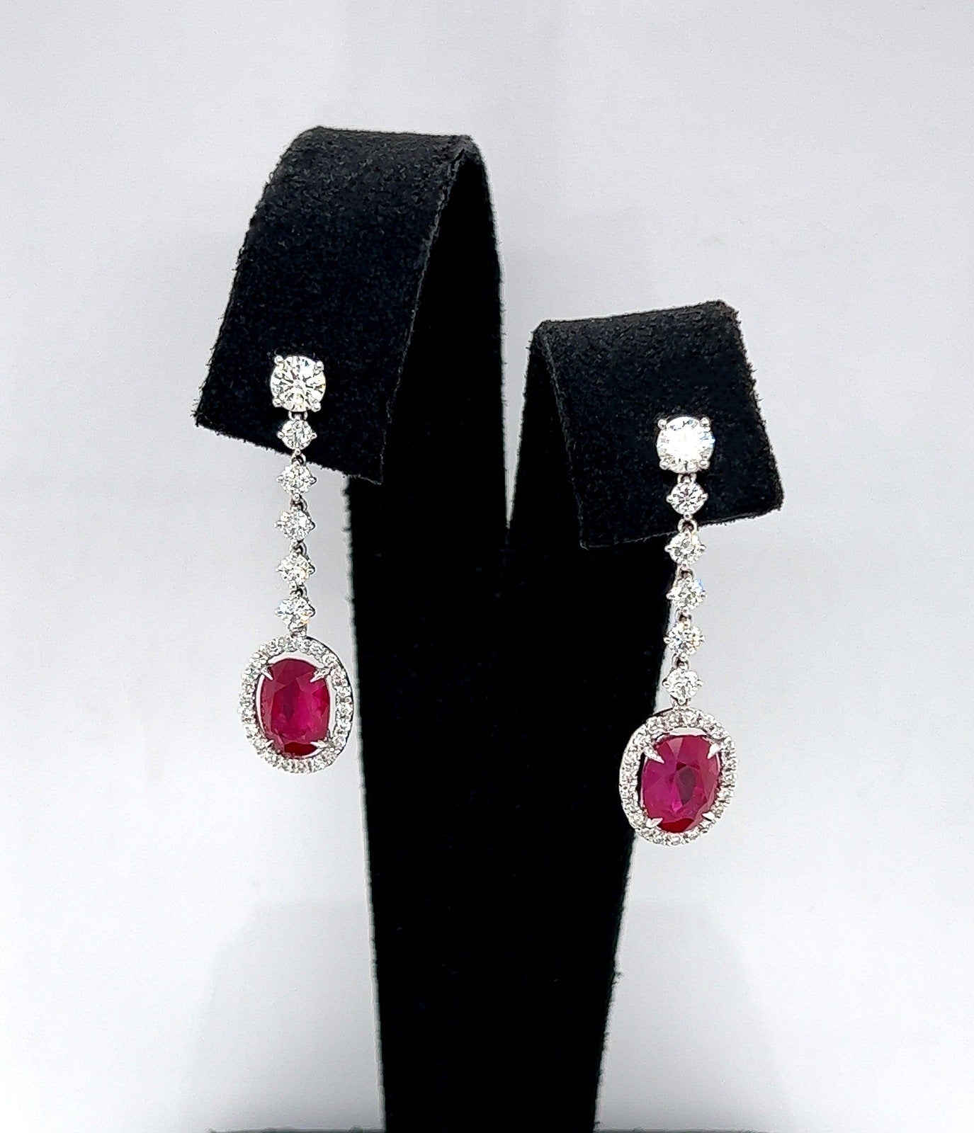 5.21 Total Carat Ruby and Diamond Drop Earrings in 18K White Gold