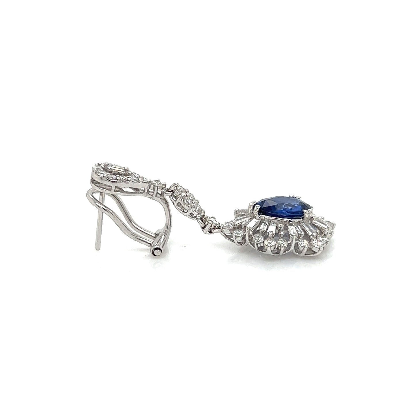 4.38 Total Carat Sapphire with Baguette and Round Diamond Earrings in 18K White Gold
