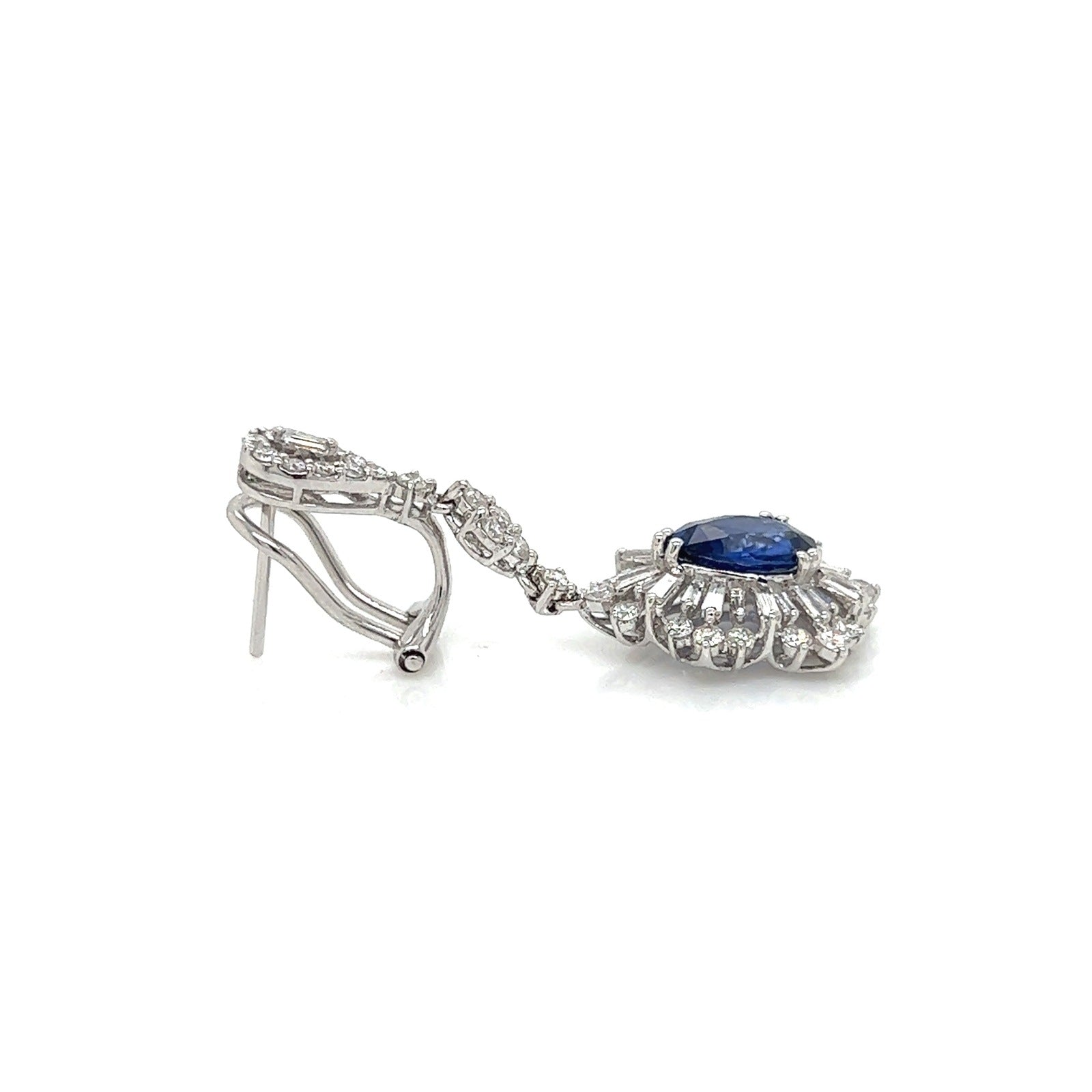 4.38 Total Carat Sapphire with Baguette and Round Diamond Earrings in 18K White Gold