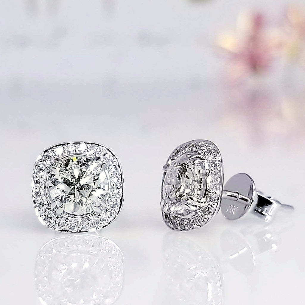 "EARR01276" Round Diamond Earrings in A Cushion Halo