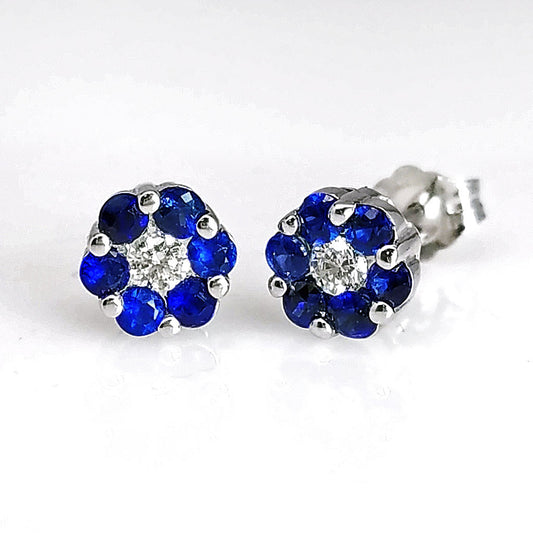 "EARR03348" Sapphire Diamond Floral Motif Post Studs Earrings